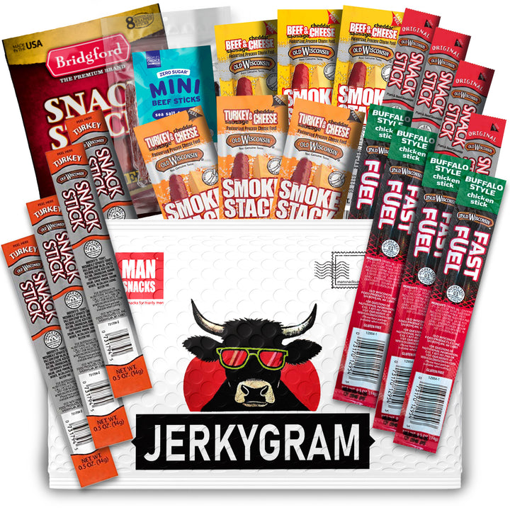 Jerky Gift Basket for Men - 40pc Jerky Variety Pack of Beef, Turkey, Chicken & Cheese Sticks